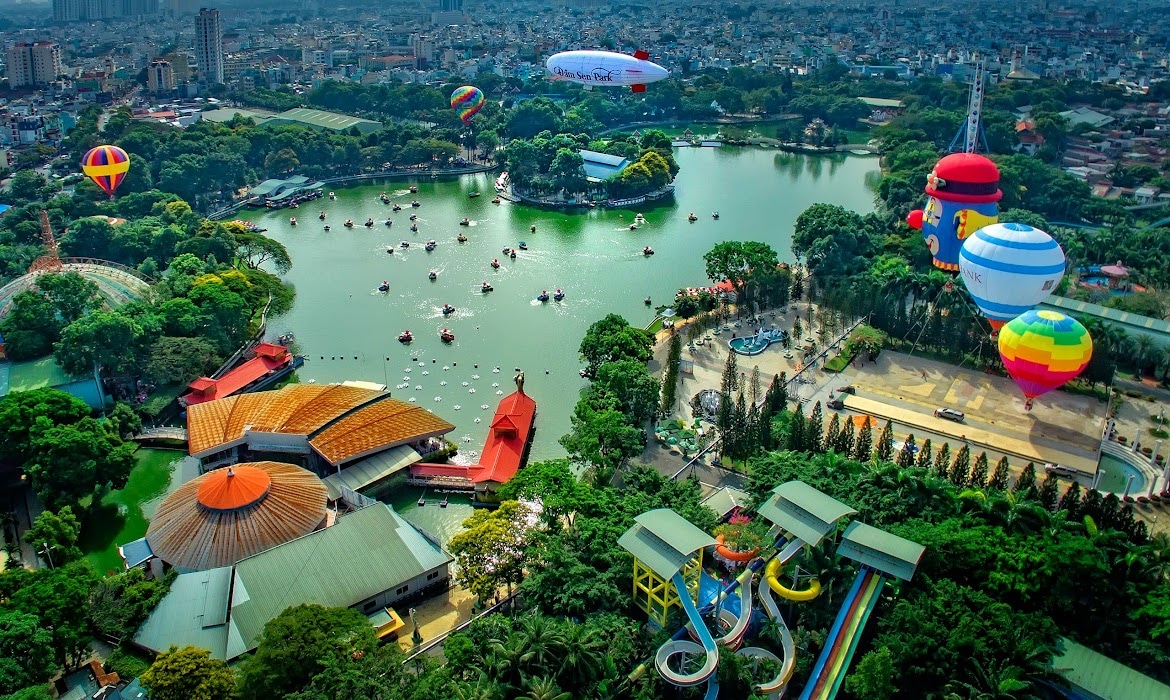 Colorful water slides and pools